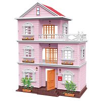 Junfa Кукольный дом 3-этажный сборный со световыми эффектами, с мебелью и 4 фигурками  / цвет розовый					